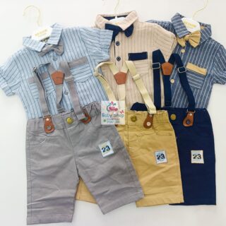 High Quality Baby Boy Suspender Khaki Shorts With Shirt & Bow Tie