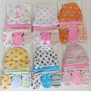 Premium Super Soft Cotton Baby Caps and Mittens Set - 3 Caps & 3 Pairs of Mittens Combo Set