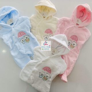 Cartoon Bear Print Mid-Warm Long-Sleeve Cotton Romper