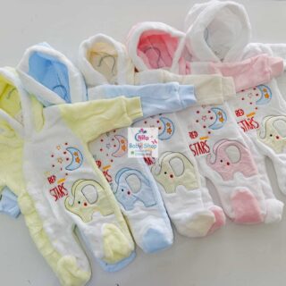 Baby Fleece Hooded Jumpsuit with Elephant Print – Cozy Winter Romper for Newborns