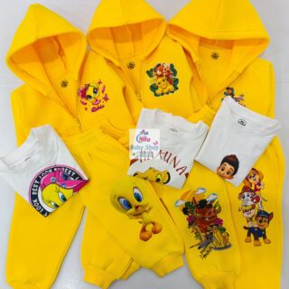 Kids Cartoon Yellow Hoodie Tracksuit Set | Warm Fleece Baby & Toddler Outfit with Character Prints