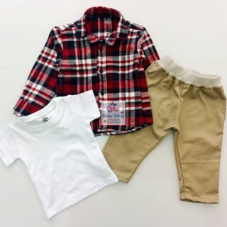 Kids 3 Piece Plaid Shirt Set – Long Sleeve Checkered Shirt, Plain White T-Shirt & Khaki Pants