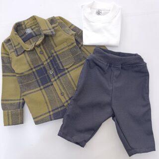 Kids 3 Piece Plaid Shirt Set – Long Sleeve Checkered Shirt, Plain White T-Shirt & Khaki Pants