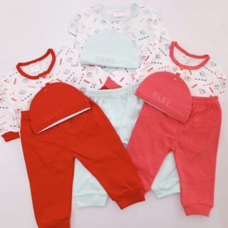 Baby 3-Piece Outfit Set with Matching Hat - Printed Top, Pants & Hat